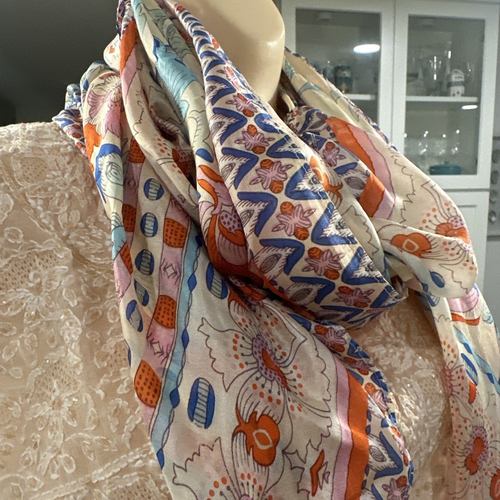Johnny Was Silk Scarf Wrap Floral Print with Tassels Large Square 43"x43" - Picture 2 of 10